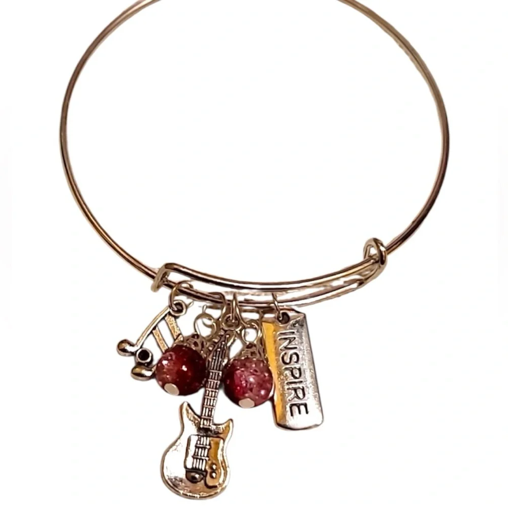 Elegant Charm Bracelet Guitar musical note charms and Red Accent beads NEW NWT